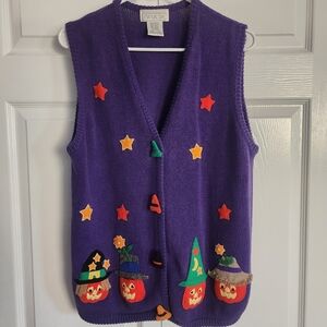 Vintage 90s Halloween Jack-O-Lanterns Teachercore Knit Cardigan Sweater, Sz L